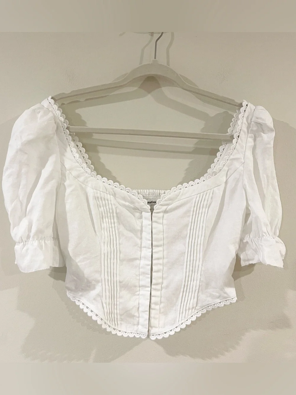 Reformation Simmie White Lace-Trim Puff Sleeve Linen Crop Blouse size 8